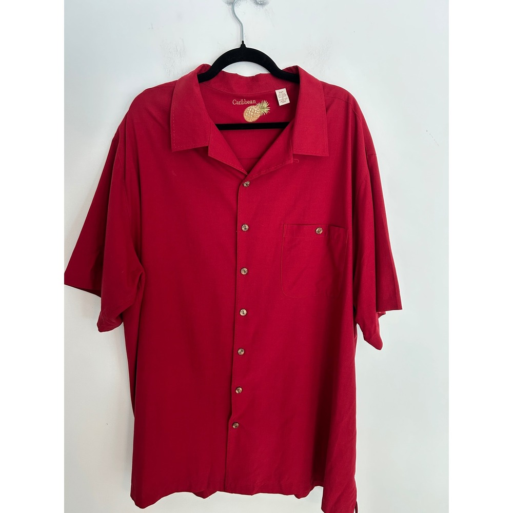 Caribbean Mens Red Short Sleeve Silk Cotton Blend Camp Shirt 3XT Tropical Pocket